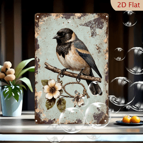 Vintage Bird on Branch Metal Wall Art 8x12 Inches, Rustic Distressed Sign with Flower and Arrow, Shrike Perched on Wood for Home Decor