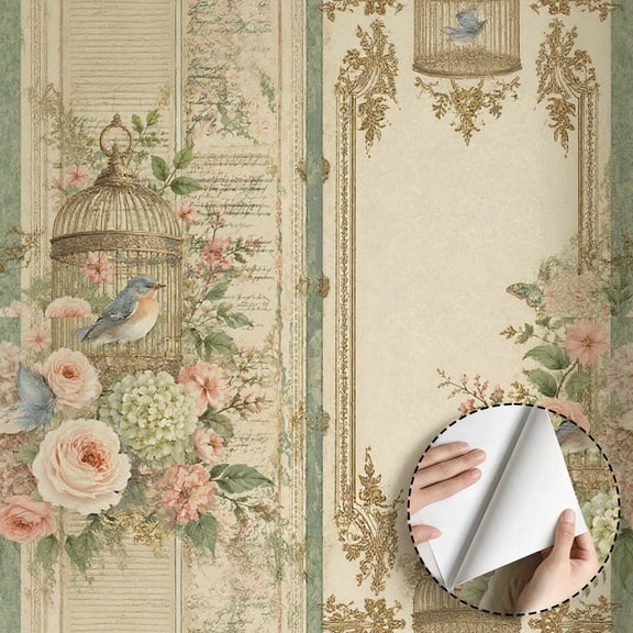 Vintage Birdcage Floral Wallpaper, Vintage Rustic Farmhouse Peel and Stick Wallpaper Contact Paper Waterproof, Wall Decor for Living Room Bedroom Bathroom Kitchen Cabinet Drawer 17.7*78.7in