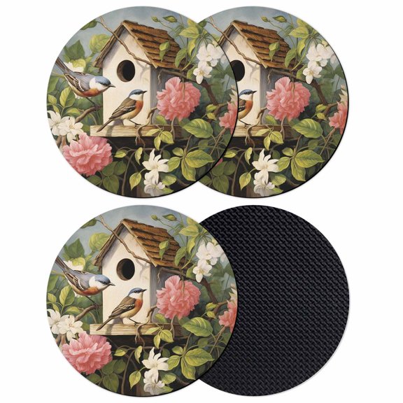 Vintage Birdhouse Coasters Set of 4, Soft Absorbent Coasters for Drinks, Spring Floral Birds Botanical Non-Slip Cup Coaster Mat with Rubber Bottom for Home Kitchen Desk Coffee Bar Table Decor 4"