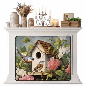 Vintage Birdhouse Magnetic Fireplace Cover, Fireplace Draft Blocker, Spring Floral Birds Botanical Fireplaces Blanket for Heat Loss/Cold Air, Fireplaces Draft Stopper Cover for Inside 51"x39"