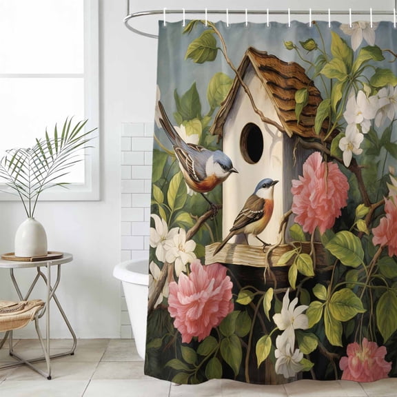 Vintage Birdhouse Waterproof Fabric Shower Curtain,Spring Floral Birds Botanical Waterproof Fabric Shower Curtain for Bathroom Curtains Bathtubs Hotel Shower Curtains with 12 Hooks Small 36x72in