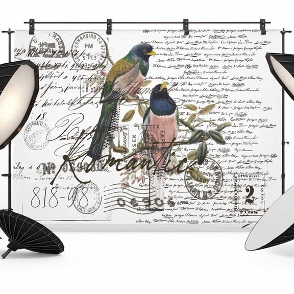 Vintage Birds Backdrop for Photoshoot,Photography Photo Studio Background Wall Backdrop,Envelope Postmark Farmhouse Botancial Back Drop Banner Panel for Portraits Wedding Party Live Streaming 7x5Ft