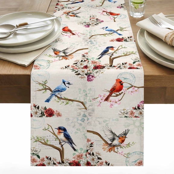 Vintage Birds Cotton Linen Table Runner Retro Floral Flower Branch Rustic Farmhouse Dining Table Runners for Home Decor Party Dining Room Restaurant Kitchen 13" x 36"