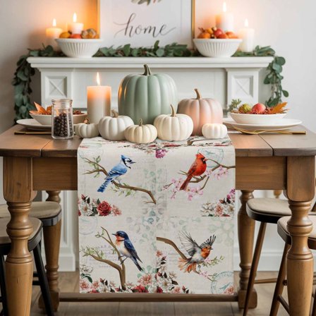 Vintage Birds Cotton Linen Table Runner, Washable Table Runners for Kitchen, Dining Room, Holiday, Home Party Table Decor, 13x108 Inches