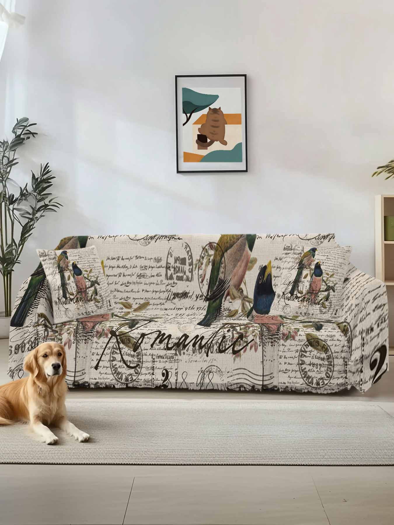 Vintage Birds Couch Cover Sofa Covers 3 Cushion Sectional Couch, Country Envelope Postmark Farmhouse Botancial Washable Sofa Covers Slipcover Sectional Sofa Cover, Furniture Protector 71"x150"