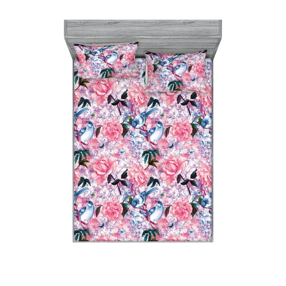 Vintage Birds Fitted Sheet & Pillow Sham Set, Dreamy Aura Flowers and Music Themed Nostalgic Backdrop Print, Decorative Printed 3 Piece Bedding Decor, Queen, Hot Pink and Pale Blue, by Ambesonne
