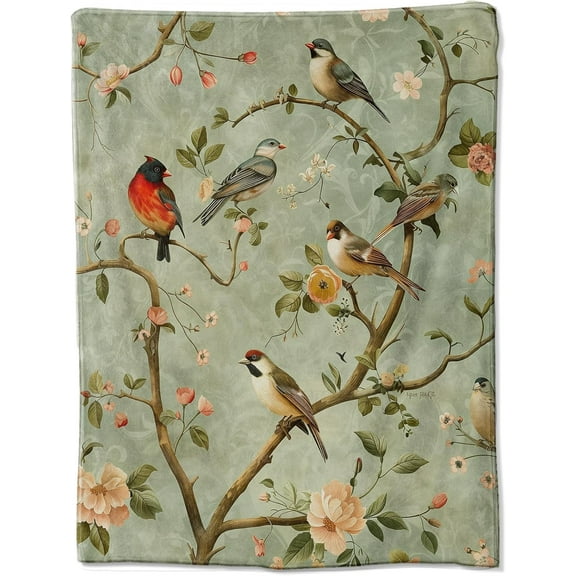 Vintage Birds Fleece Blanket Soft and Cozy Nature Inspired Throw with Beautiful Bird and Floral Design for Couch Bed or Travel