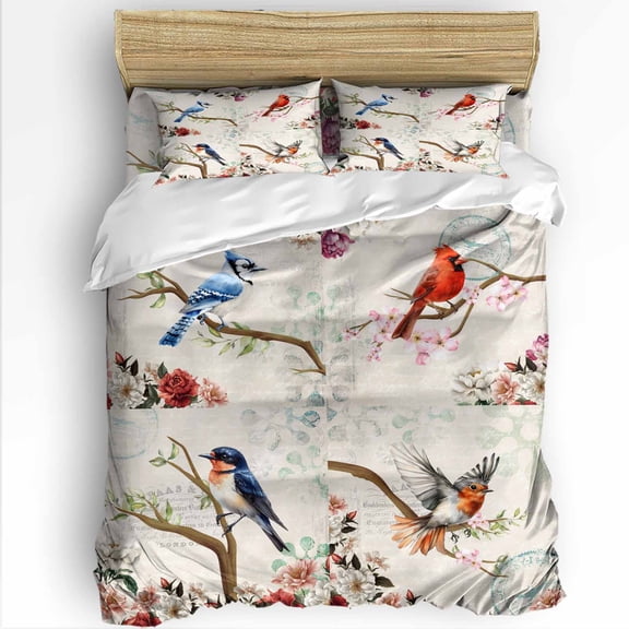 Vintage Birds King Size Comforter Set, Retro Floral Flower Branch Rustic Farmhouse Soft Bedding for All Seasons, 4 Pcs Bed Set with 1Comforter (90"x106") ,1 Sheet(94"x116"), 2 Pillowcases (19"x35")