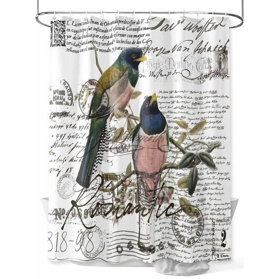 Vintage Birds Long Shower Curtain Set, Waterproof Shower Curtains for Bathroom, Envelope Postmark Farmhouse Botancial Washable Fabric Cloth Bath Curtain for Bathtub Decoration with Hooks 72x84 Inches