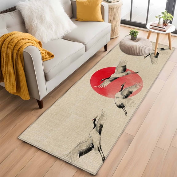 Vintage Birds Red Sun 2'x6' Runner Rugs for Hallway Kitchen Bedside Non Slip Washable, Retro Art Animals Rustic Entryway Rug Runners with Rubber Backing, Long Carpet Runner for Laundry Room