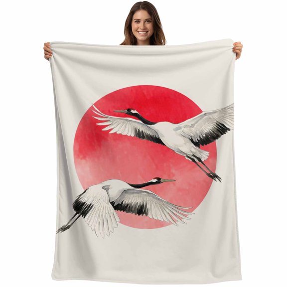 Vintage Birds Red Sun Blanket Soft Cozy Warm Throw Blanket for Couch, Plush Fuzzy Flannel Fleece Blankets for Sofa, Retro Art Animals Bed Blankets Lightweight Gifts for Women, 30"x40"
