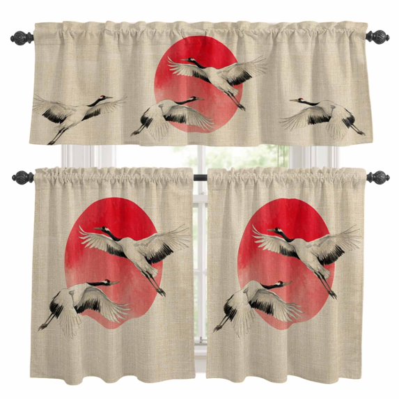 Vintage Birds Red Sun Kitchen Curtains Sets for Windows 36 Inch Length, Retro Art Animals Rustic Rod Pocket Window Treatments Tier Curtains and Valances Set for Bedroom/Bathroom