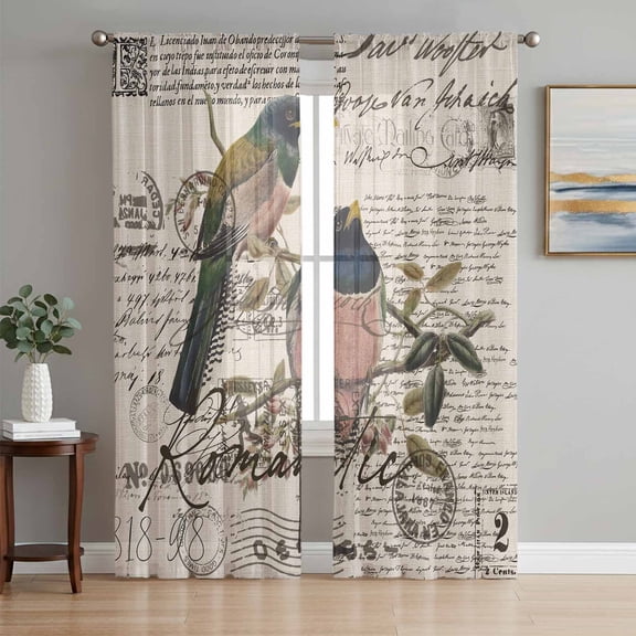 Vintage Birds Semi Sheer Window Curtains 96 Inches Long, Country Envelope Postmark Farmhouse Botancial Rod Pocket Voile Silky Chiffon Curtain Light Filtering Drapes for Living Room, 52"x96", 2 Panels