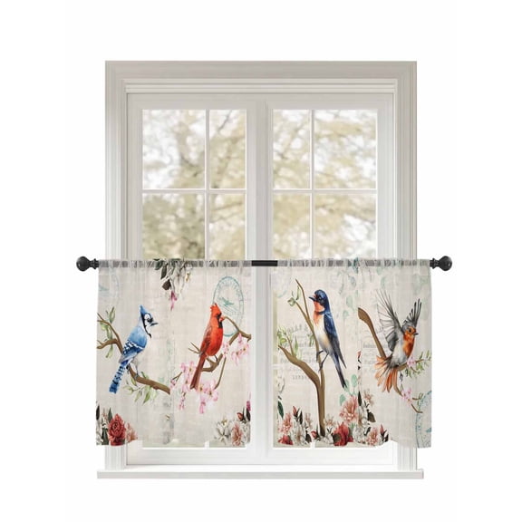 Vintage Birds Sheer Curtains 2 Panels Set Retro Floral Flower Branch Rustic Farmhouse Lihgt Filtering Rod Pocket Voile Drape, Semi Sheer Window Curtains for Bedroom Living Room, 52"x45"