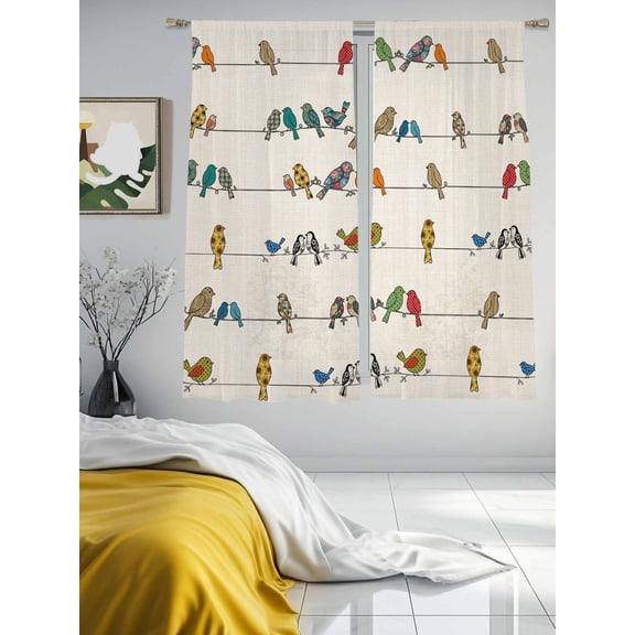 Vintage Birds Sparrows on Lines Chiffon Sheer Curtains 63 Inches Long Retro Farm Birds Rod Pocket Window Curtains Voile Drapes Curtains for Living Room Bedroom,2 Panels