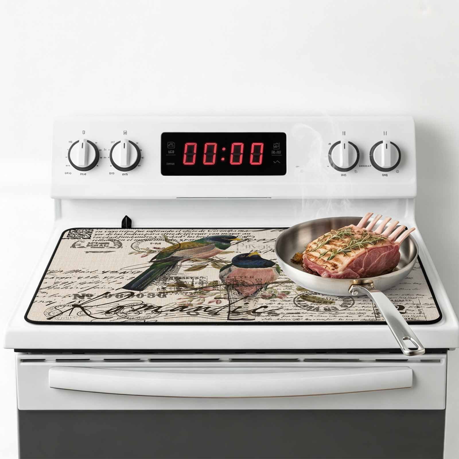 Vintage Birds Stove Top Cover for Electric Stove, Heat-proof & Non Slip Glass Top Stove Cover Protector, Country Envelope Postmark Farmhouse Botancial Kitchen Flat Cooktop Rubber Mat 36x21 Inches