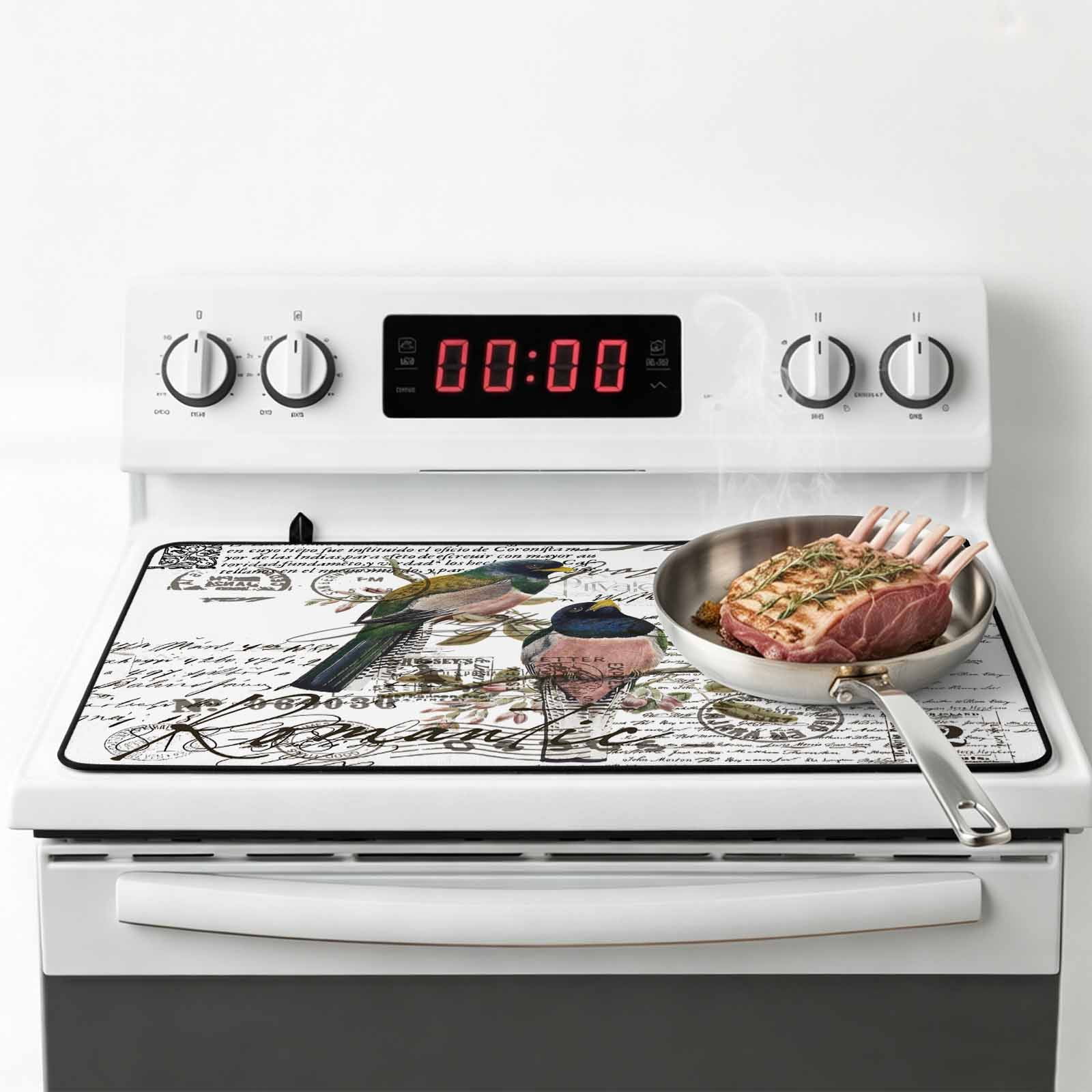 Vintage Birds Stove Top Cover for Electric Stove, Heat-proof & Non Slip Glass Top Stove Cover Protector, Envelope Postmark Farmhouse Botancial Kitchen Flat Cooktop Rubber Mat 36x21 Inches