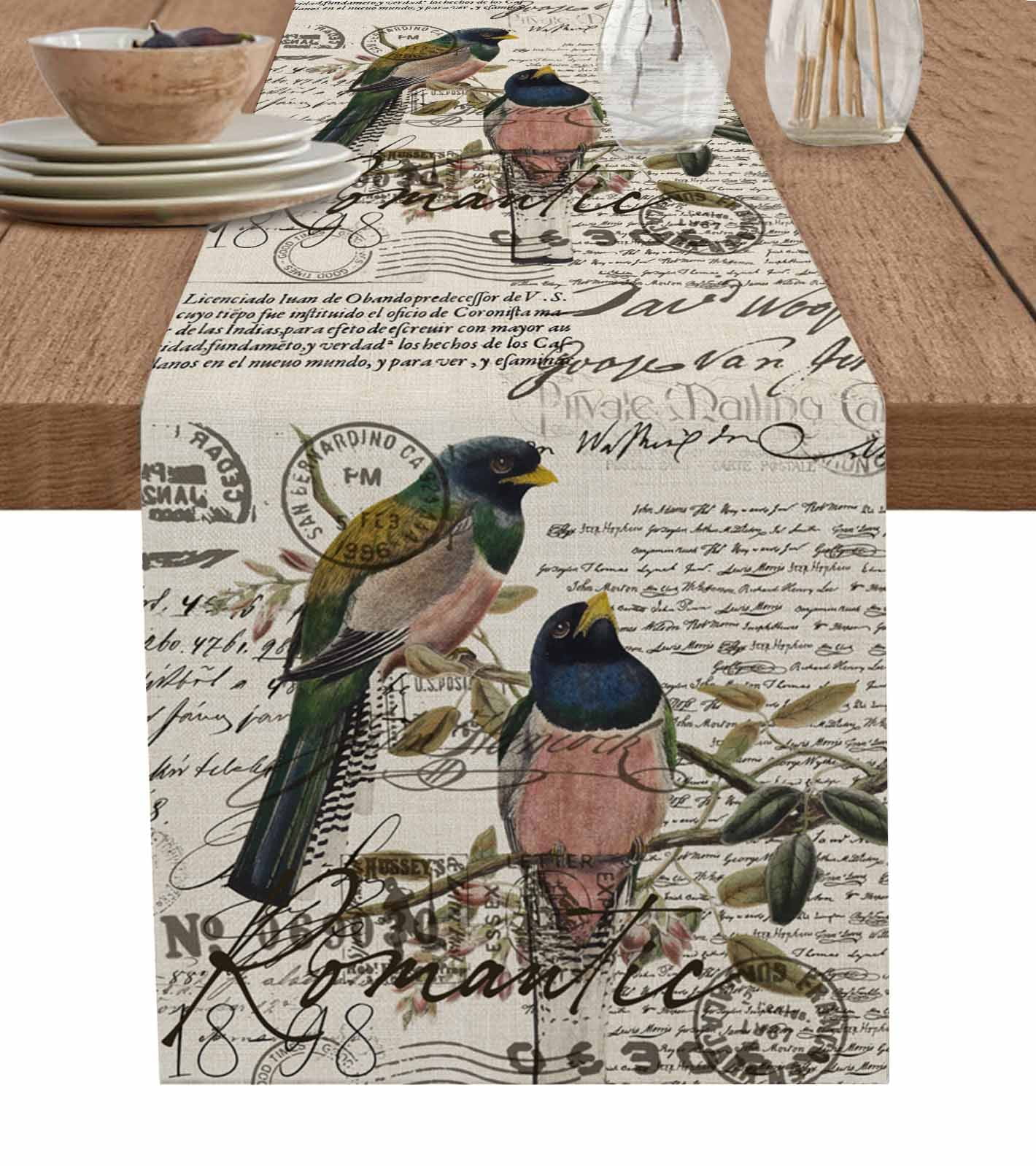Vintage Birds Table Runner Country Envelope Postmark Farmhouse ...