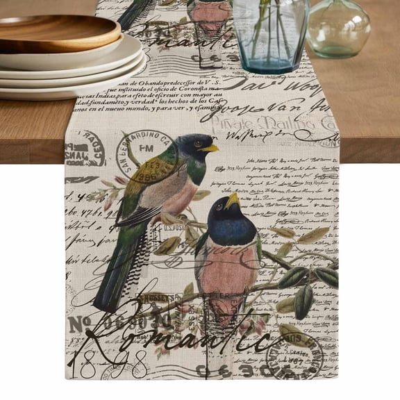 Vintage Birds Table Runner, Country Envelope Postmark Farmhouse Botancial Washable Cotton Linen Table Runners 36 Inches Long, Dresser Scarf Runner for Nightstand/End Tables/Round Tables 13''x36''