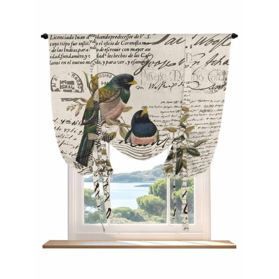 Vintage Birds Tie Up Curtains for Windows 54 Inch Length Balloon Curtains Kitchen Adjustable Balloon Window Shade Country Envelope Postmark Farmhouse Botancial Tie Up Bathroom Curtain Window 42"x54"