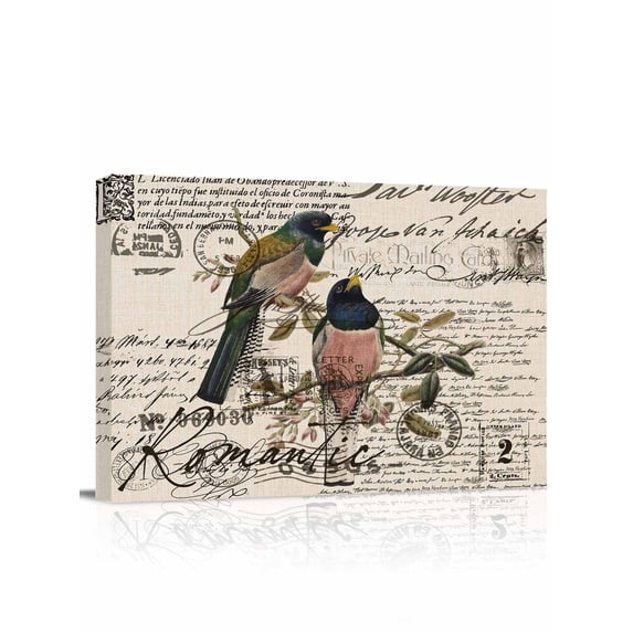 Vintage Birds Wall Art for Living Room,Canvas Picture Wall Decor for Bathroom Bedroom,Country Envelope Postmark Farmhouse Botancial Painting Artwork for Office Hallway Dining Room Decor 24"x32"