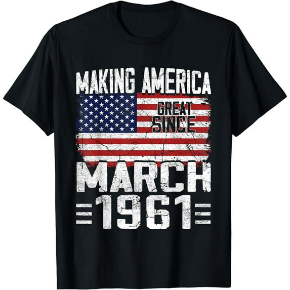 Vintage Birthday Party Born In March 1961 American Flag Bday T-Shirt