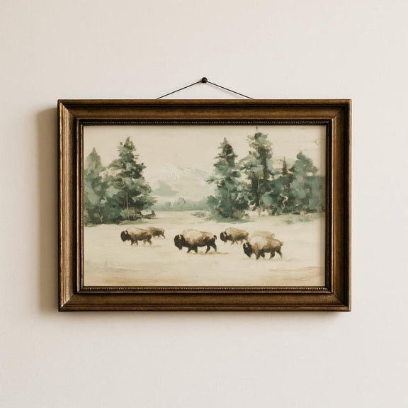 Vintage Bison Landscape Wall Art Print, Rustic Western Decor