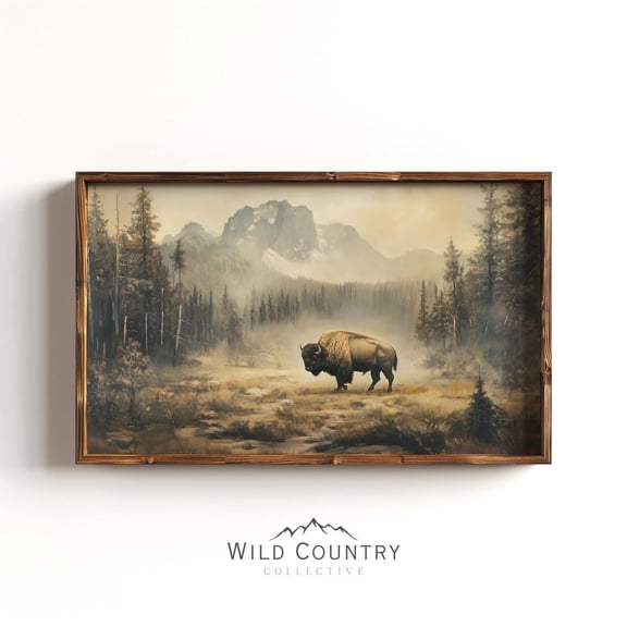 Vintage Bison Mountain Poster, Wildlife Wall Art