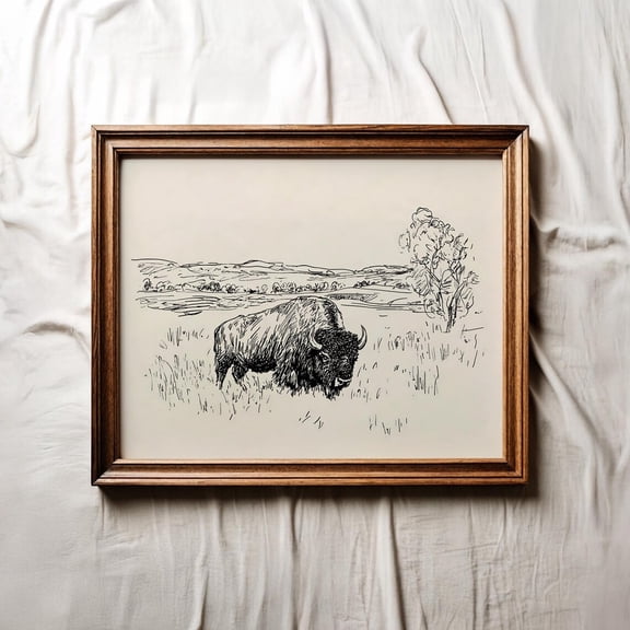 Vintage Bison Sketch Country Western Minimalist Buffalo Art, UNFRAMED Size 24x24