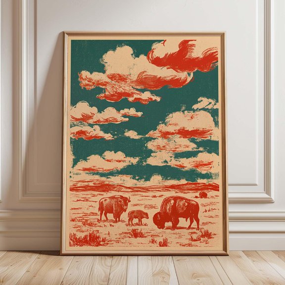 Vintage Bison Wall Art Retro Western Poster Buffalo Desert Landscape Print Rustic Wildlife Decor