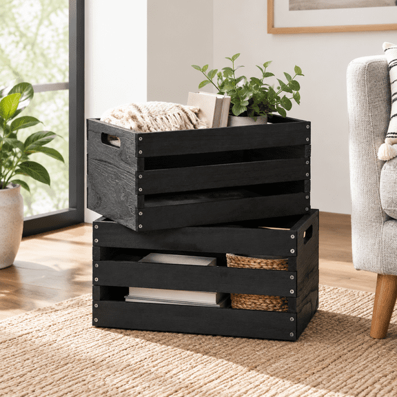 Vintage Black 2-Pack Wooden Storage Crates 16.97 x 12.95 x 3.03 in for Books, Clothes and Display