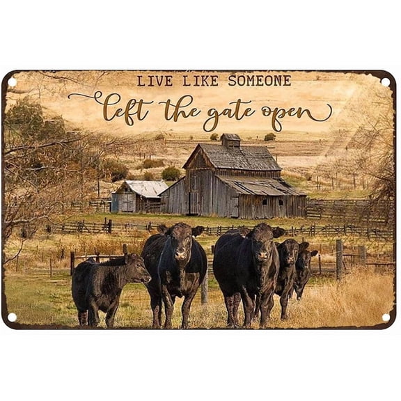Vintage Black Angus Cow Metal Tin Sign, Live Like Someone Left The Gate Open Wall Art Plaque for Home Kitchen Garage Bathroom Farm Garden Bar Cafe, 8 x 12 Inch