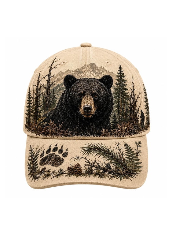 Vintage Black Bear Forest Hunting Baseball Cap For Men Wildlife Tree Print Outdoor Trucker Hat Nature Wildlife Hunting