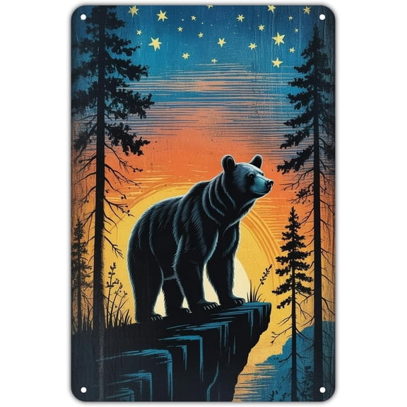 Vintage Black Bear Forest Metal Tin Sign, Sunset and Starry Sky Wall Art for Garden, Yard, Porch, Bar, Home Decor, 8 x 12 Inch
