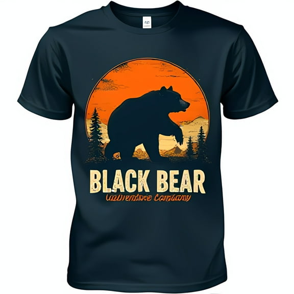 Vintage Black Bear Graphic T-Shirt Sunset Forest Design Neck