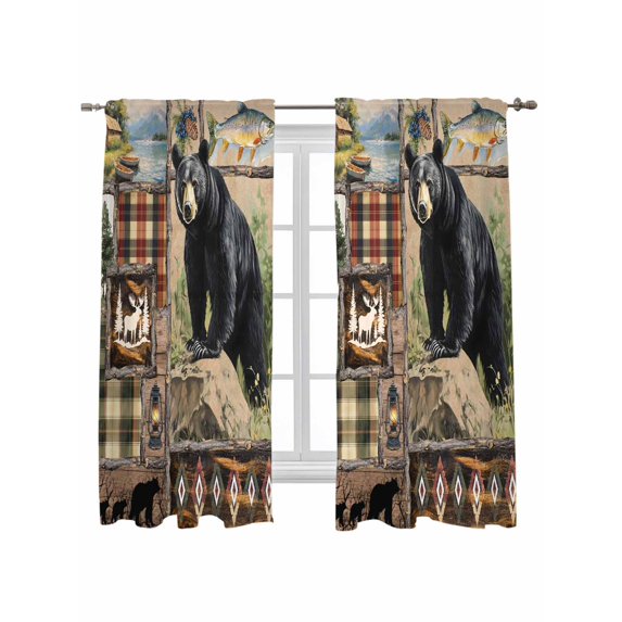 Vintage Black Bears Curtains 63 Inch Length, Sheer Curtains for Bedroom Living Room Window Abstract Country Plaid Fish Retro Rod Pocket Drapes Kitchen Curtains Small Half Window 42"x63" 2 Panels