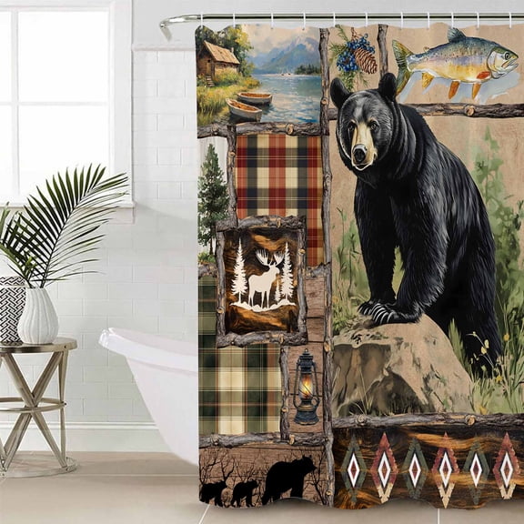 Vintage Black Bears Extra Long Shower Curtain Set, Waterproof Shower Curtains for Bathroom, Abstract Country Plaid Fish Retro Washable Fabric Cloth Bath Curtain for Bathtub with Hooks 72x96 Inches