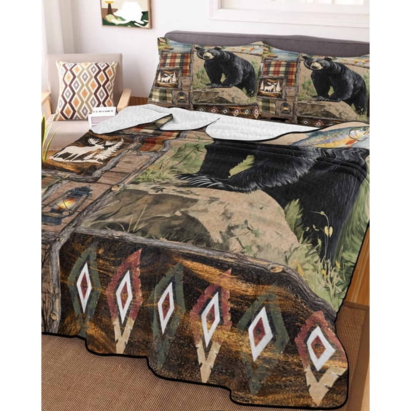 Vintage Black Bears King Size Down Alternative Comforter, Lightweight Comforter Quilt Bedding Set with Pillow Shams Abstract Country Plaid Fish Retro All Seasons Bed Comforter Duvet Insert 96"x106"