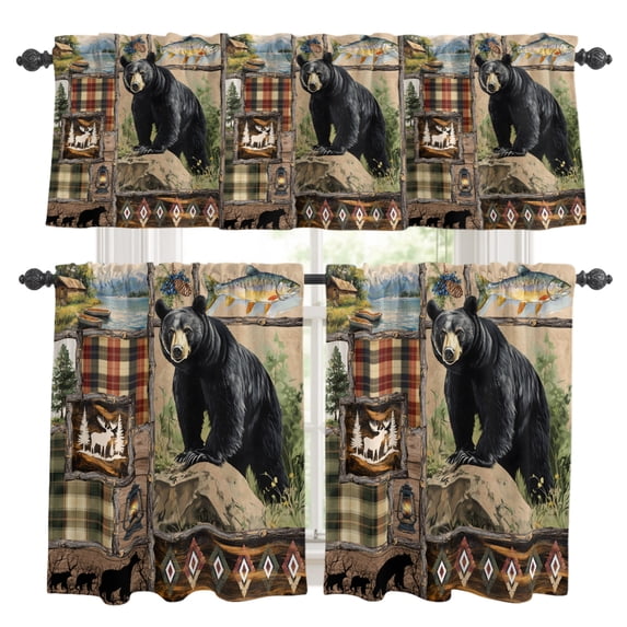 Vintage Black Bears Kitchen Curtains, Kitchen Curtains and Valances Set of 3, Abstract Country Plaid Fish Retro Light Filtering Tailored Tier Curtain 24 Inch Length Drapes for Cafe Sink Bedroom