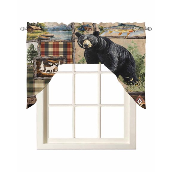 Vintage Black Bears Kitchen Curtains Swag Valance for Windows/Bathroom/Cafe, Abstract Country Plaid Fish Retro Rod Pocket Drape Panel Swag Curtain Valance for Bedroom/Living Room 55''x36''