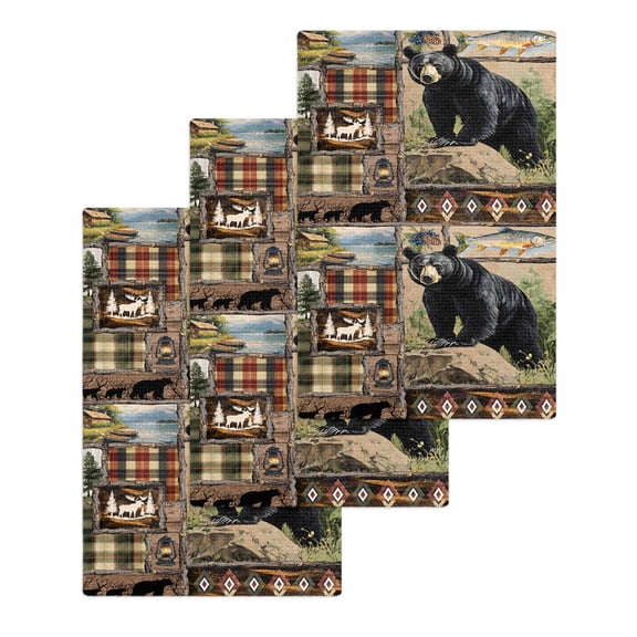 Vintage Black Bears Kitchen Dish Towels for Drying Dishes Set of 3, Abstract Country Plaid Fish Retro Waffle Weave Microfiber Hand Tea Bathroom Towels Quick Dry & Absorbent Towel 15.7x23.6