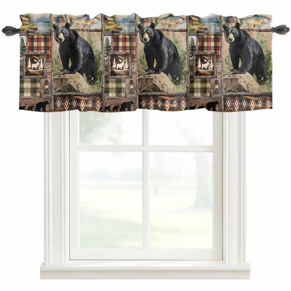 Vintage Black Bears Kitchen Valances for Windows, Abstract Country Plaid Fish Retro Bathroom Window Valances 42x12 Inch Rod Pocket Window Treatments Valance Curtains for Living Room Bedroom Decor