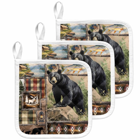 Vintage Black Bears Pot Holders for Kitchen Heatproof Potholder, 3 Pack Abstract Country Plaid Fish Retro Hot Pads Multipurpose Oven Pads Cloth Potholders Trivet for Cooking Baking