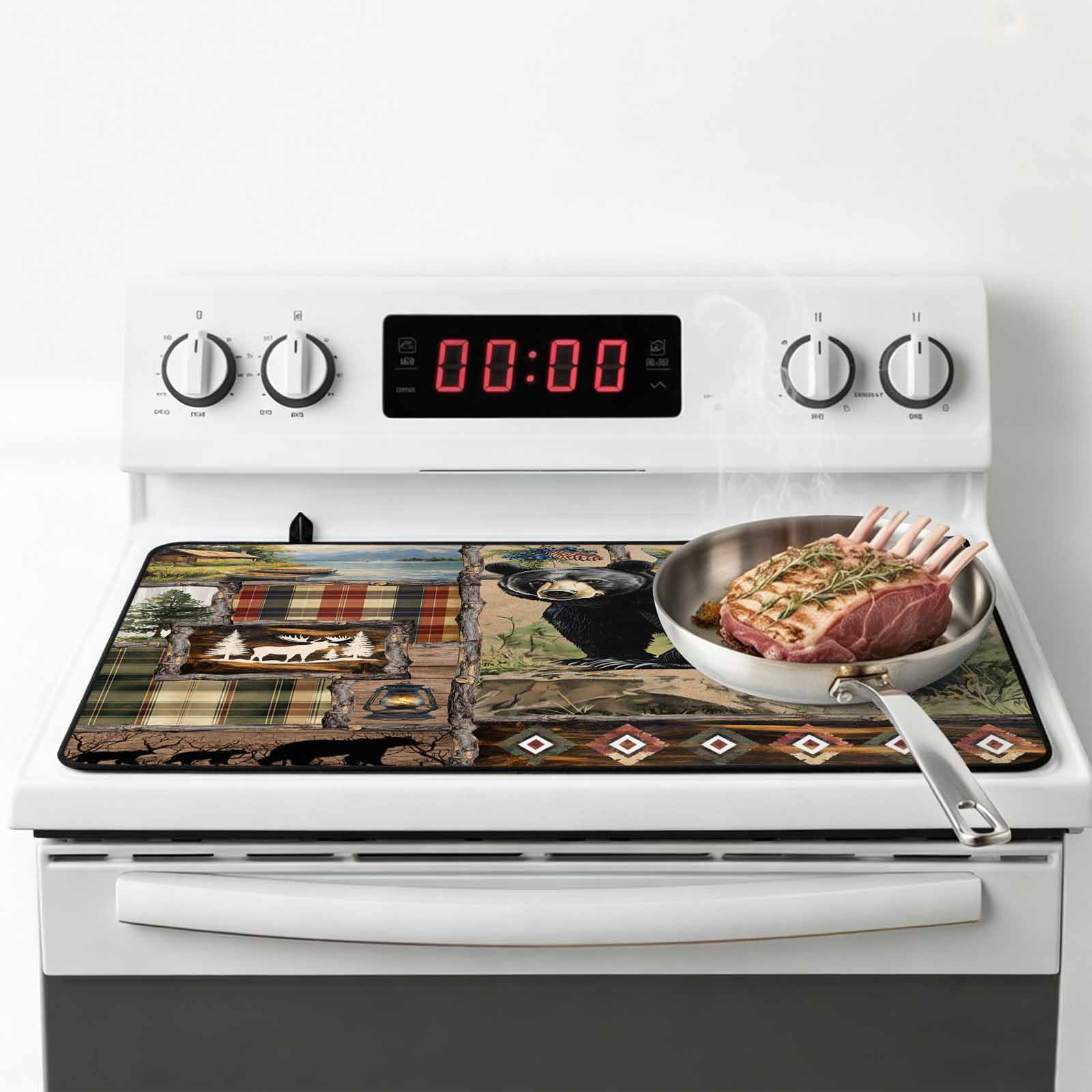 Vintage Black Bears Stove Top Cover for Electric Stove, Heat-proof & Non Slip Glass Top Stove Cover Protector, Abstract Country Plaid Fish Retro Kitchen Flat Cooktop Rubber Mat 24x21 Inches