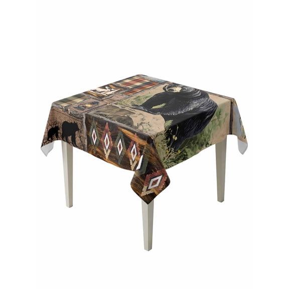 Vintage Black Bears Table Cloth, Abstract Country Plaid Fish Retro Waterproof Tablecloth for Square Tables, Reusable Washable Fabric Table Cover for Restaurant Kitchen Dining Tables 54"x54"