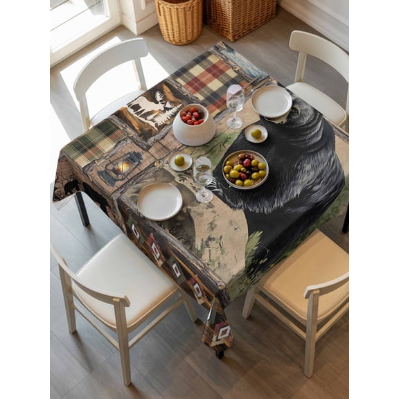 Vintage Black Bears Tablecloth Square Table Cloth 54x54, Waterproof Tablecloth Outdoor Table Cloth, Abstract Country Plaid Fish Retro Washable Table Cover for Kitchen Dinning Party