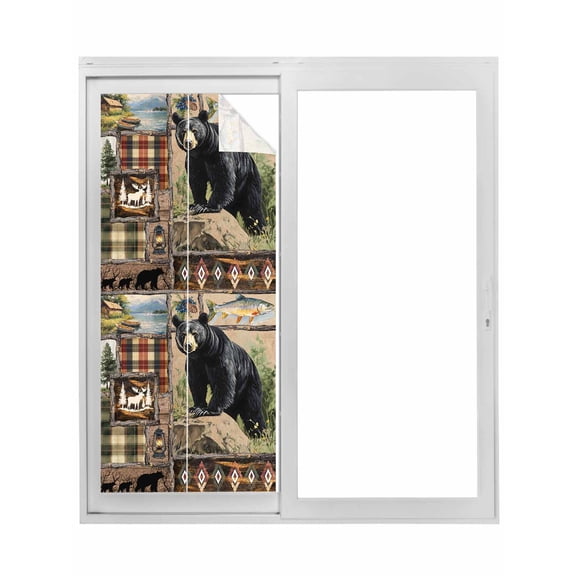 Vintage Black Bears Window Privacy Film, Abstract Country Plaid Fish Retro Static Cling UV Sun Blocking Tint Film Heat Control Windows Films for Bedroom Bathroom, Window Stickers 17.7"x39.3"