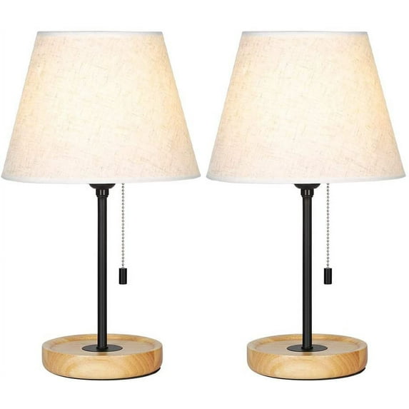 Vintage Black Bedside Nightstand Lamps with Wooden Base Set of 2