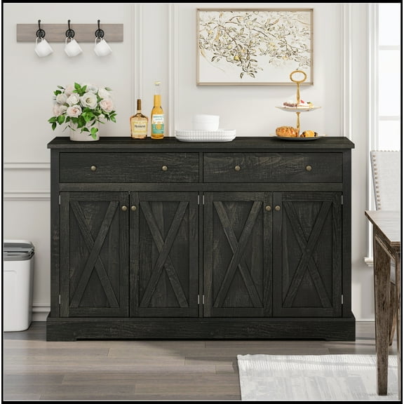 Vintage Black Brown Sideboard with Two Drawers and Four Doors for Living Room, Bedroom, and Kitchen, Room Storage Cabinet