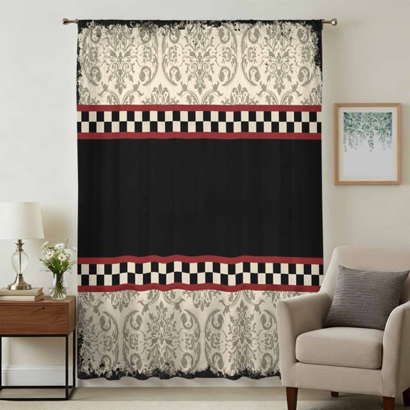 Vintage Black Buffalo Plaid Sheer Curtains 45 Inches Long for Bedroom, Rustic Floral Geometric Light Filtering Privacy Drapes, Breathable Semi Sheer Short Window Treatment for Kitchen Cafe Bathroom